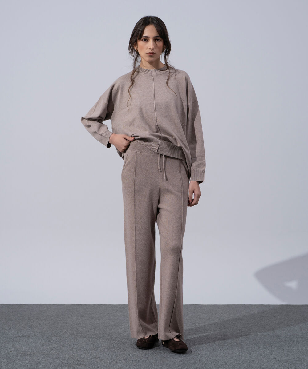 Women's Western Wear Melange Effect Off Brown Pull-On Knit Trousers