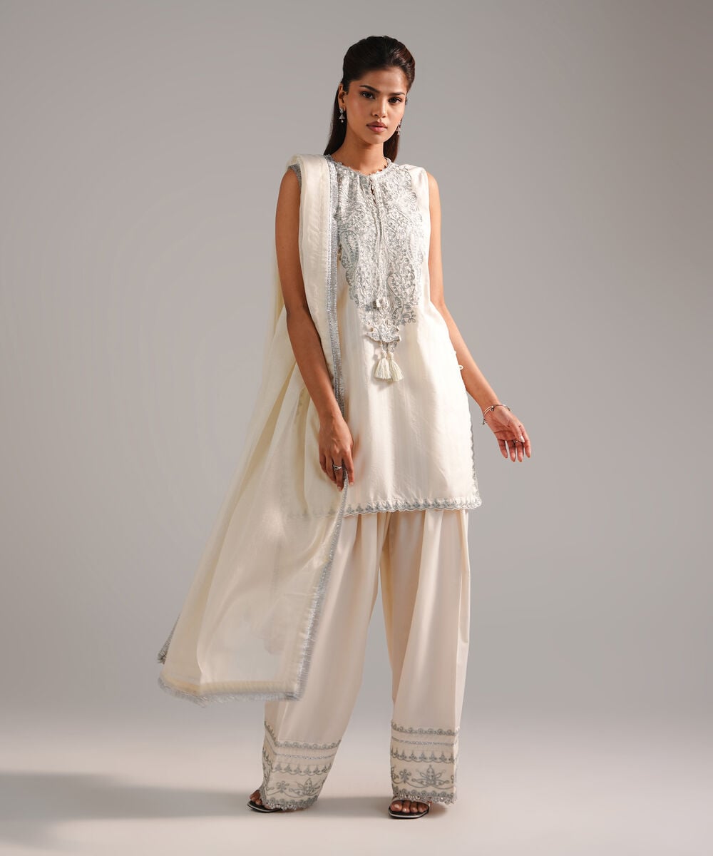 Women's RTW Leno Kara Embroidered Off White 3 Piece Suit