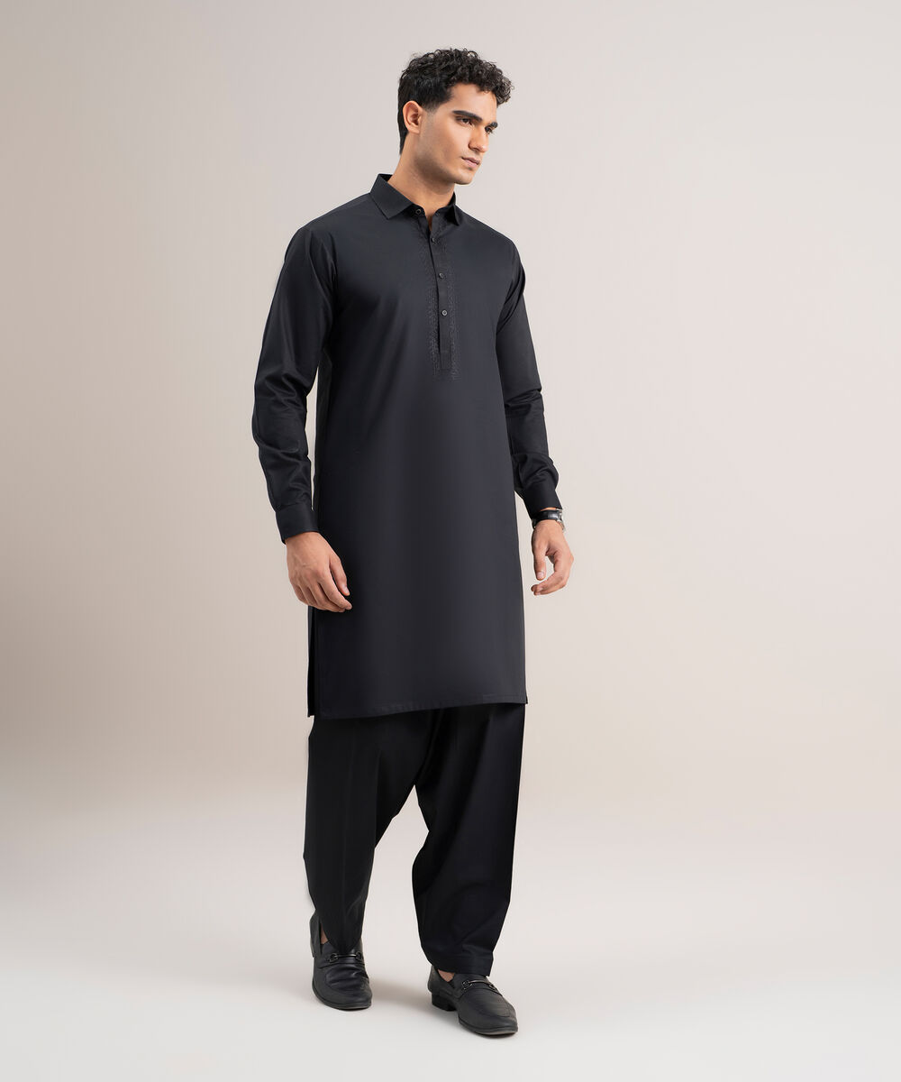 Men's Stitched Cotton Dobby Black Suit
