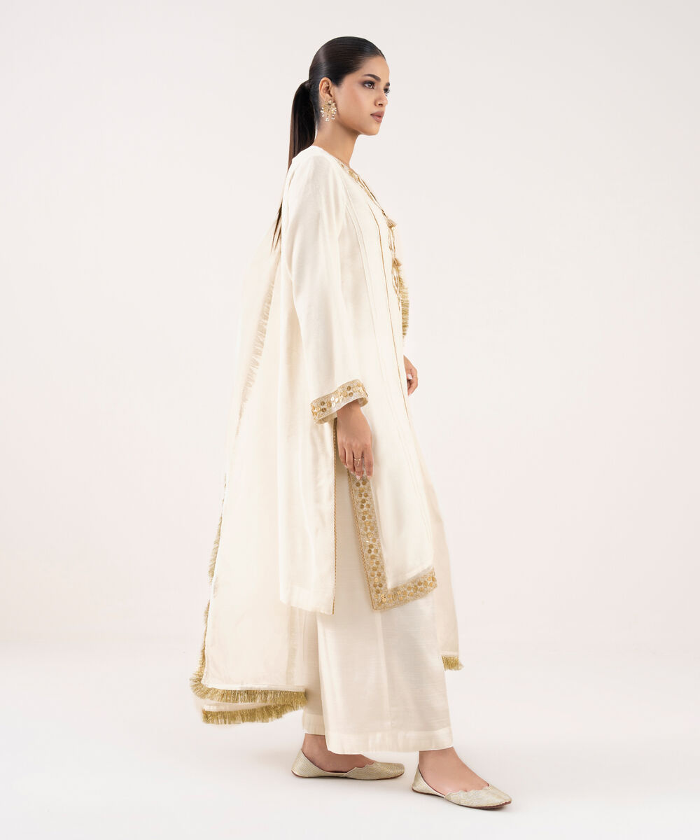 Women's RTW Khaddi Net Off White Embroidered 3 Piece Suit