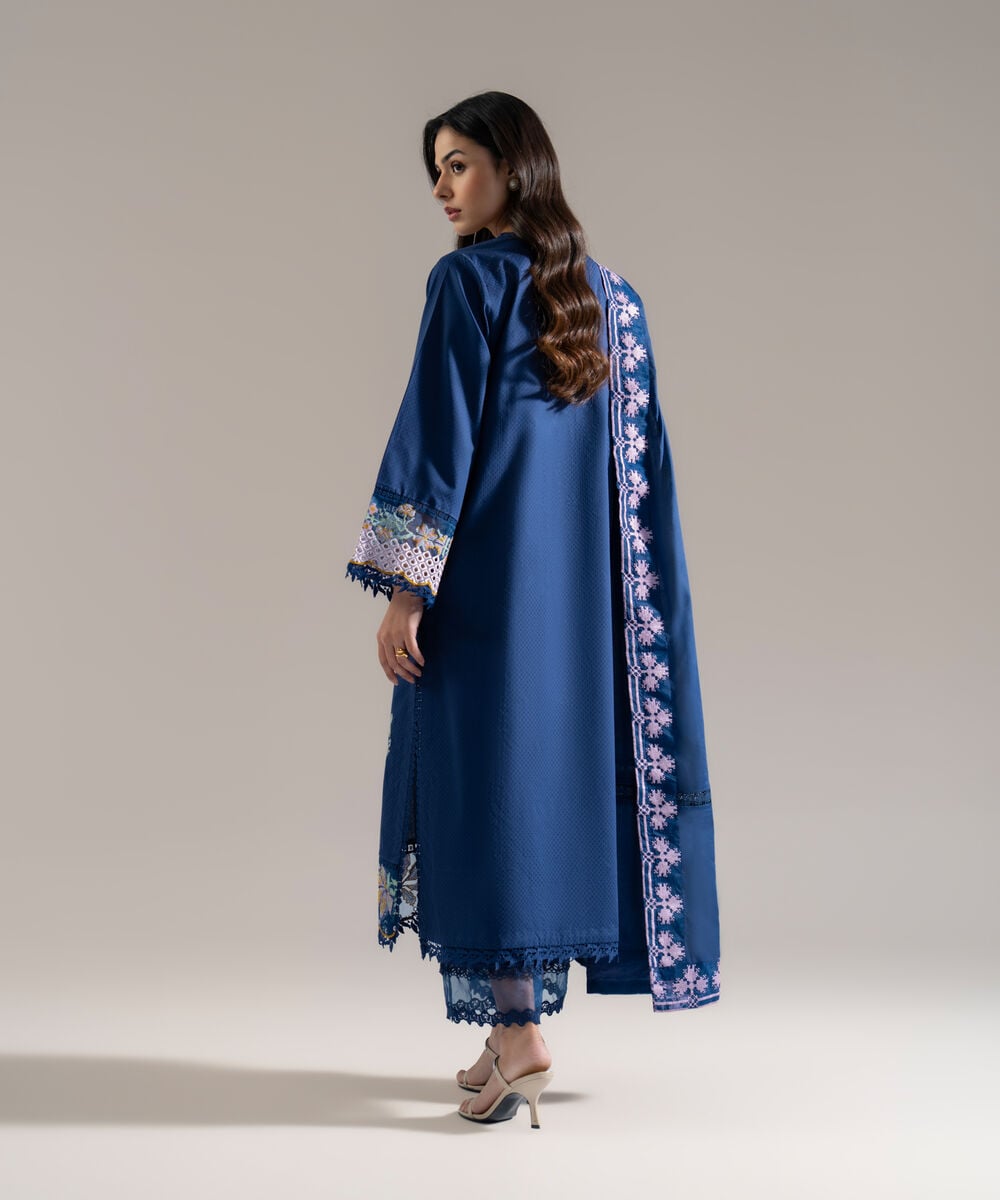 Women's RTW Dobby Solid Embroidered Blue 3 Piece Suit