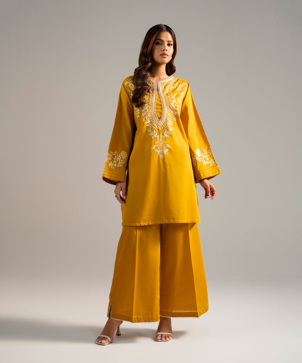 Women's RTW Crosshatch Embroidered Mustard Yellow Straight Shirt