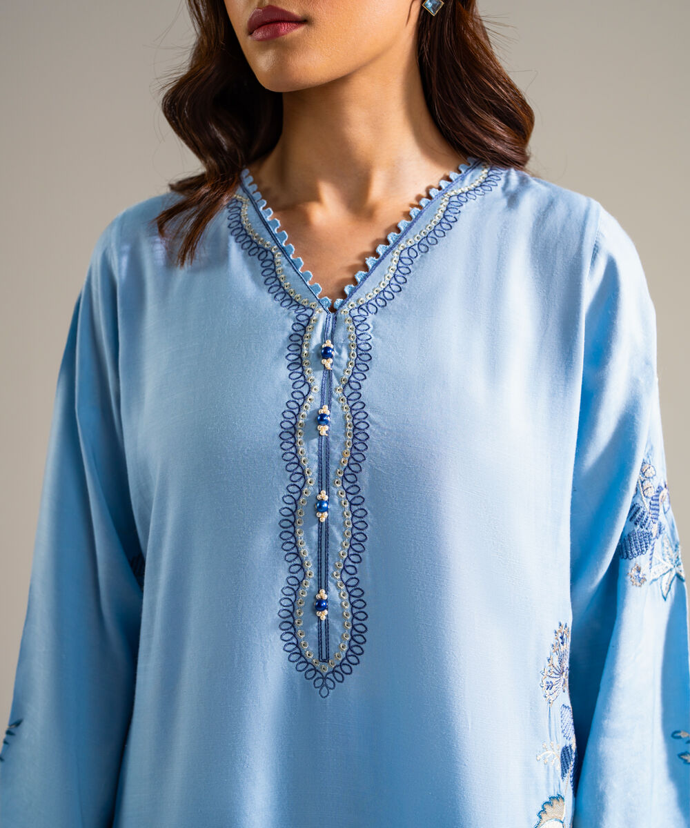 Women's RTW Raw Silk Embroidered Blue 2 Piece Suit