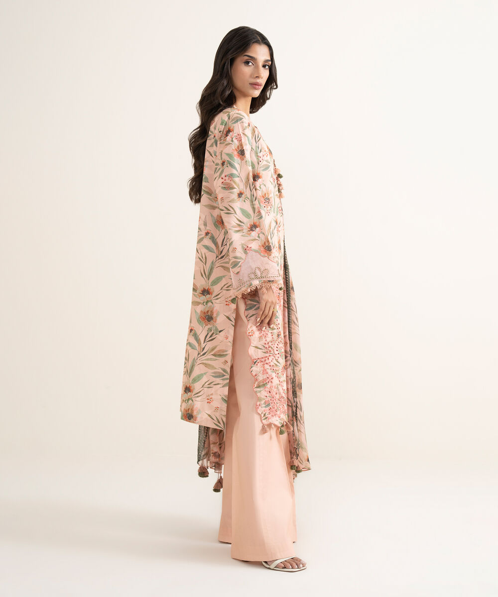 Women's Unstitched Lawn Embroidered Pink 3 Piece Suit
