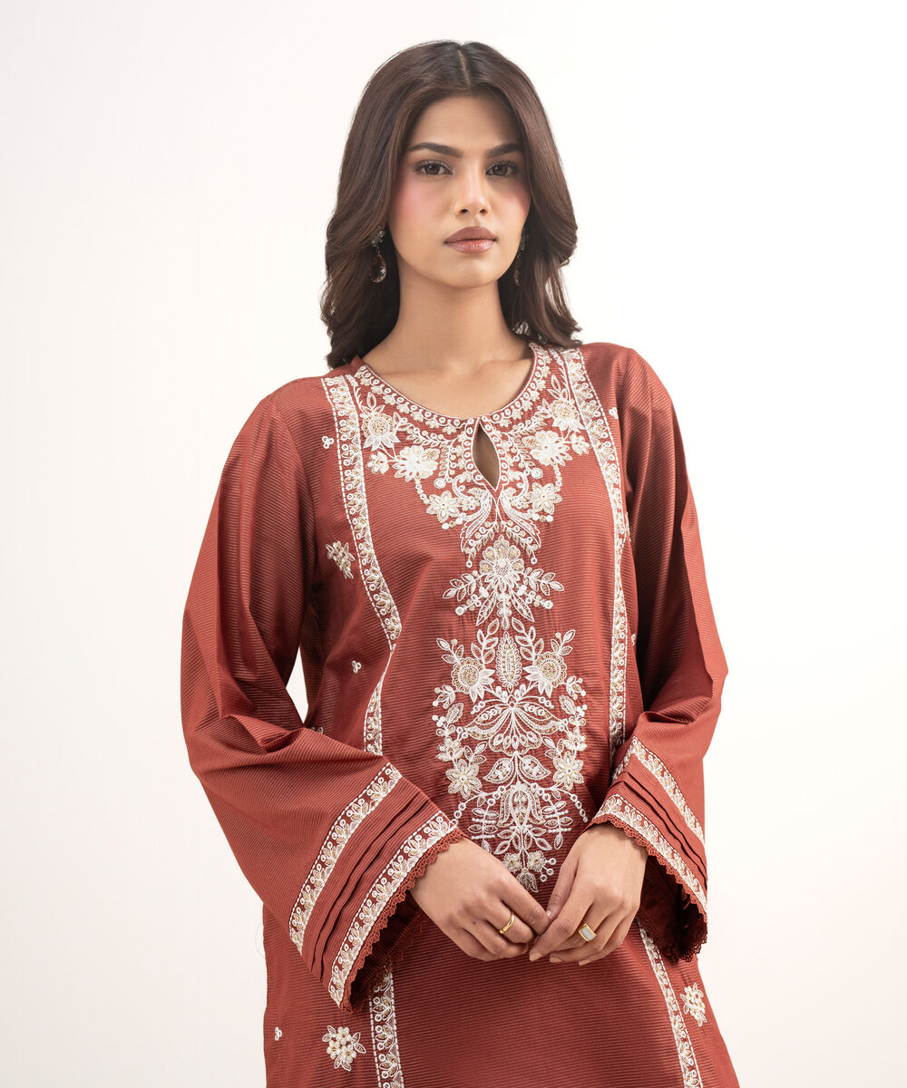 Women's RTW Zari Lawn Embroidered Brown 2 Piece Suit
