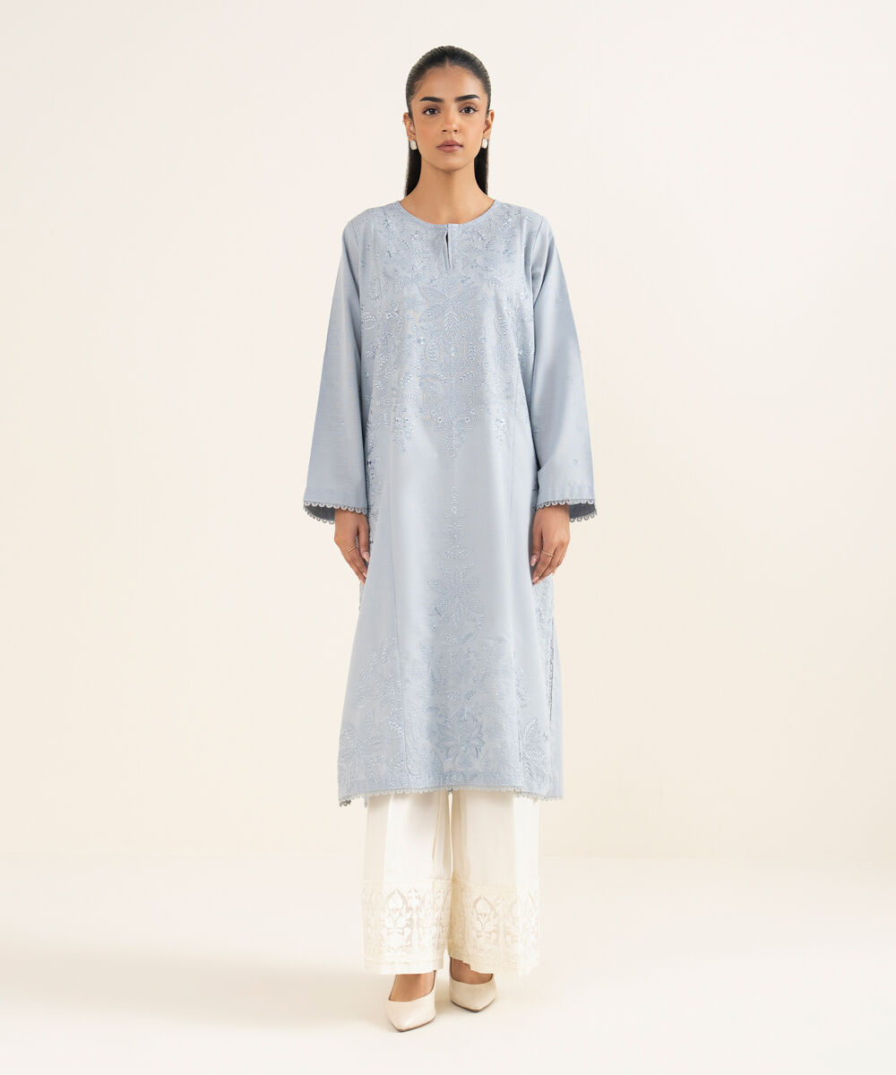 Women's RTW Light Khaddar Embroidered A-Line Ice Blue Shirt