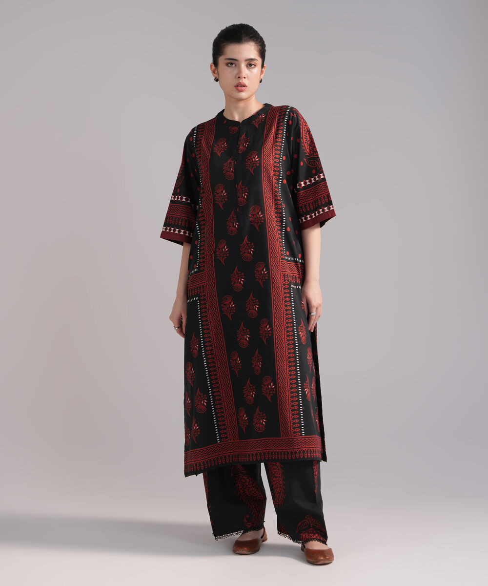 Women's RTW Slub Lawn Printed Black A-Line Shirt