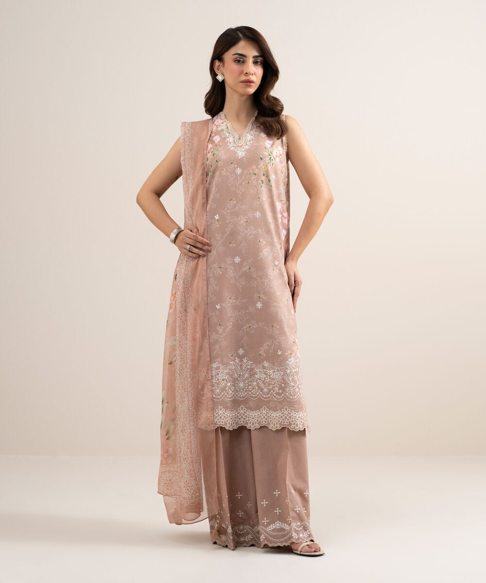 Women's Unstitched Dobby Embroidered Beige 3 Piece Suit