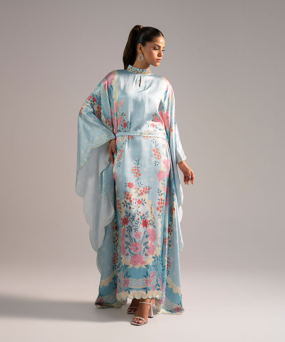 Women's RTW Blended Satin Printed Blue Kaftan