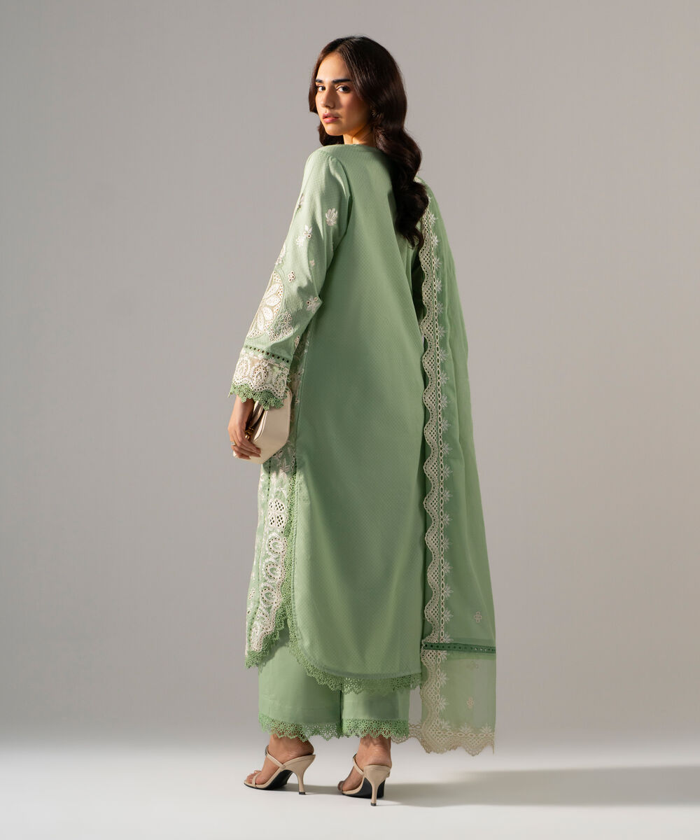 Women's RTW Dobby Solid Embroidered Green 3 Piece Suit