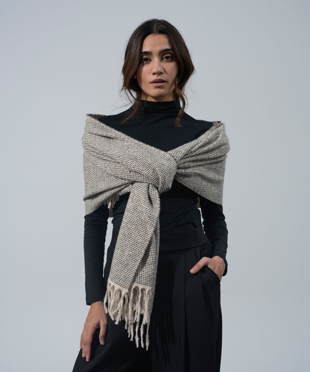 Women's Western Wear Black And White Polyester Textured Woolen Scarf