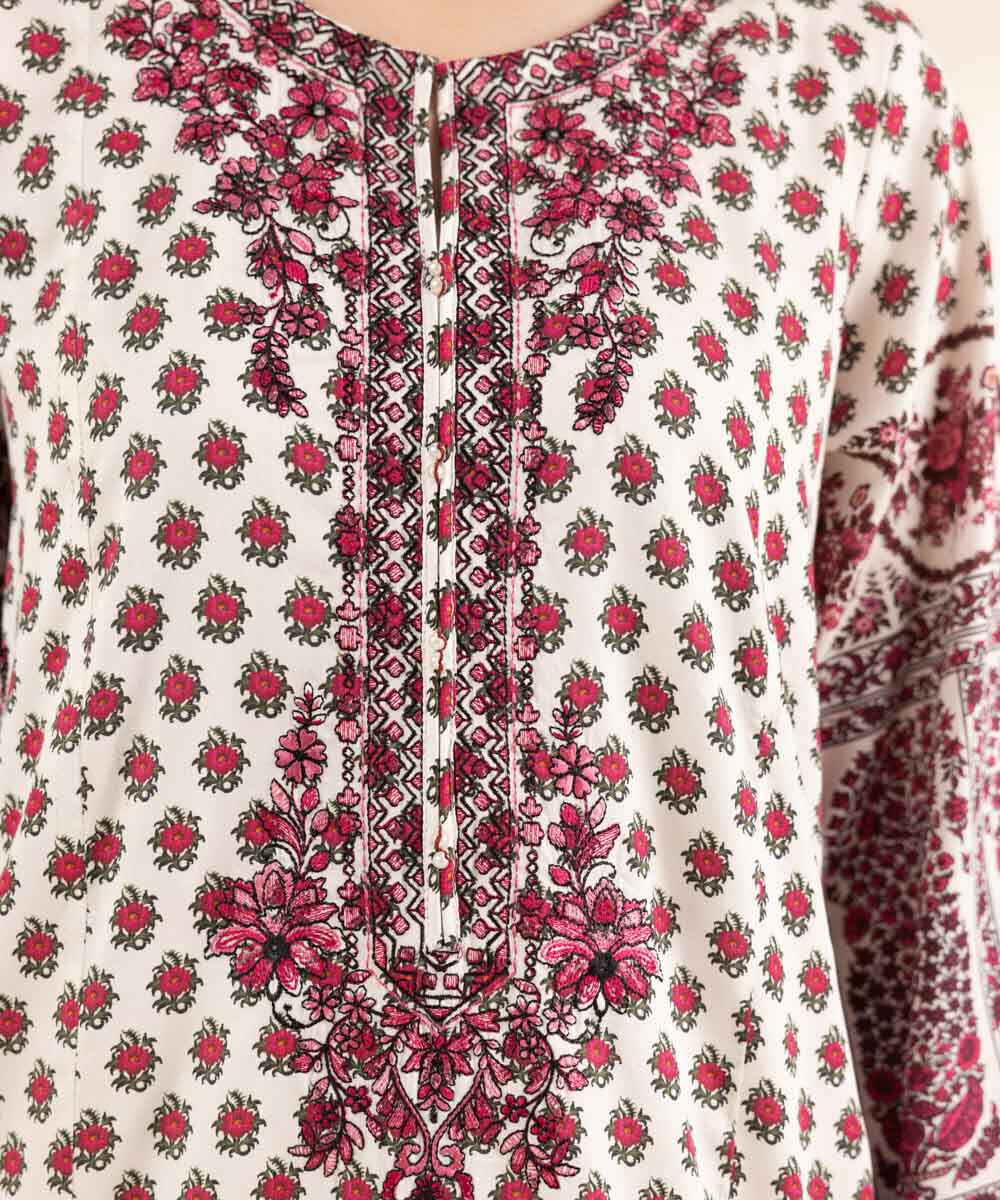 Women's RTW Cotton Satin Red Embroidered A-Line Shirt