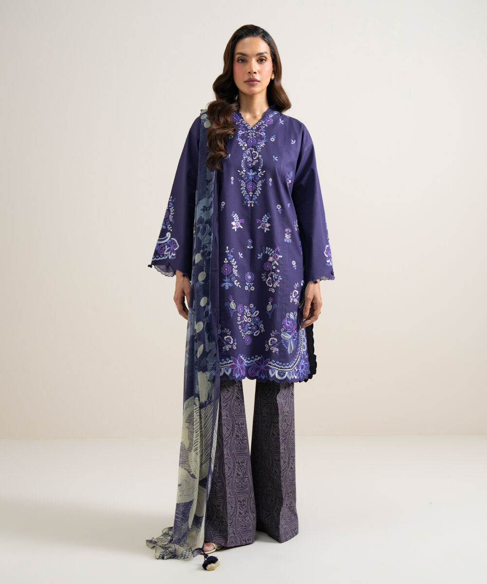 Women's Unstitched Textured Lawn Embroidered Blue  3 Piece Suit
