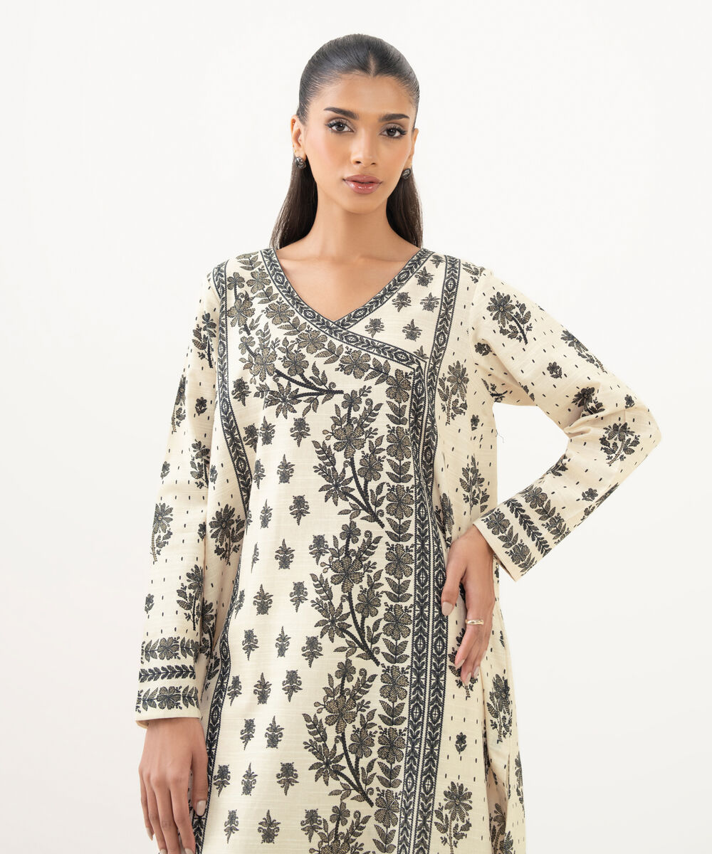 Women's RTW Light Khaddar Printed A-Line Off White Shirt