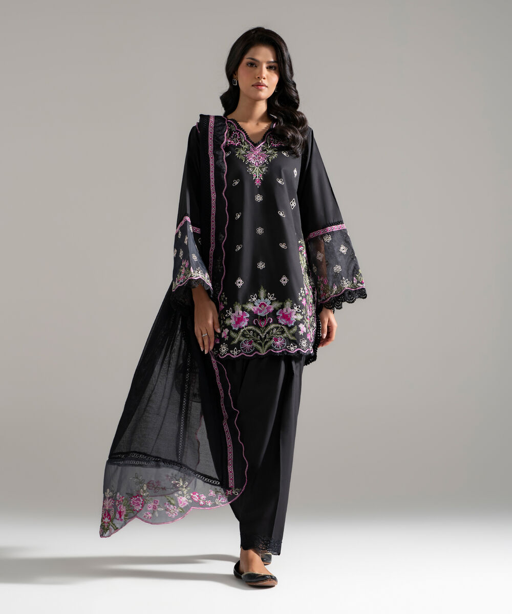 Khaddi Net Embroidered Black Dupatta