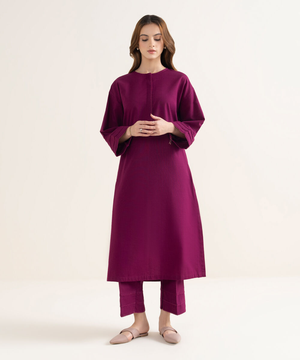 Women's RTW Textured Cotton Solid Drop Shoulder Purple Shirt