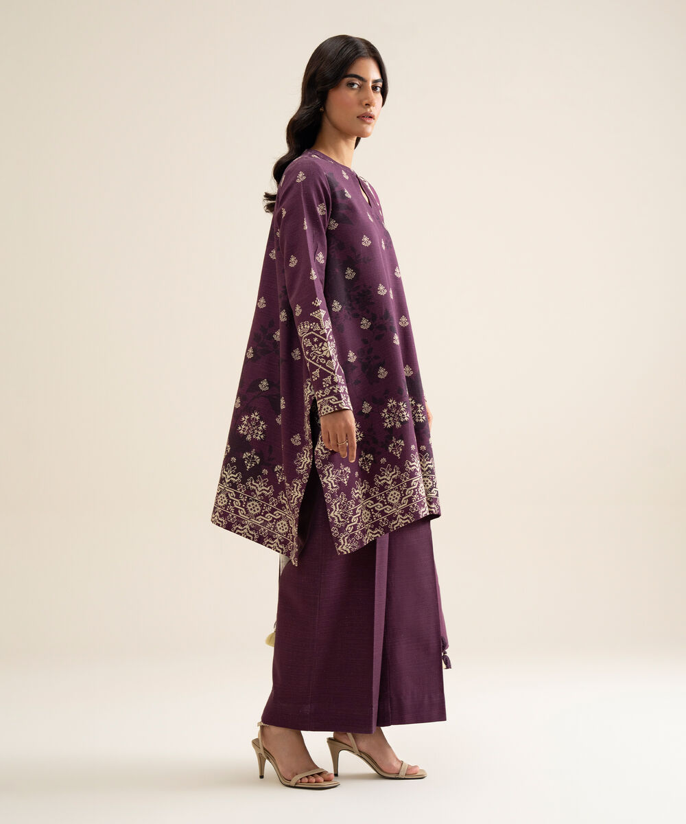 Women's Unstitched Light Khaddar Printed Plum 3 Piece Suit
