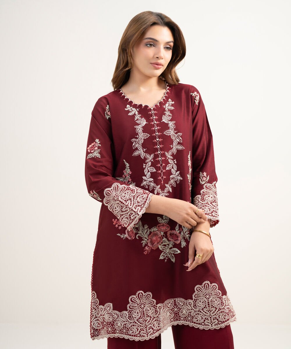 Women's RTW Silk Cotton Net Embroidered Maroon 2 Piece Suit