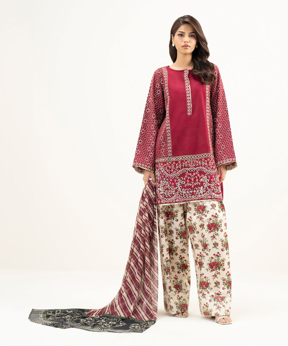 Women's RTW Dobby Embroidered Maroon 3 Piece Suit