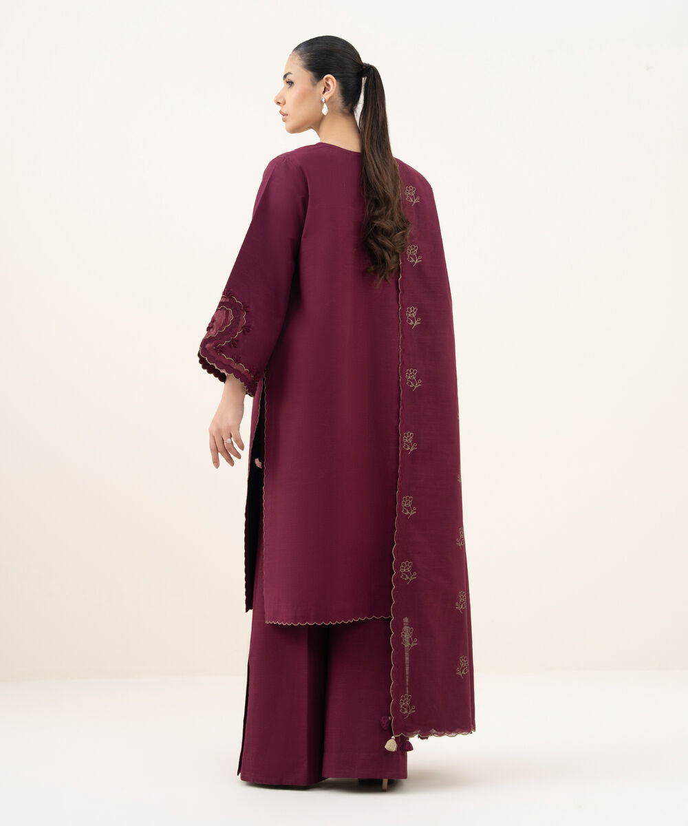 Women's Unstitched Embroidered Khaddar Plum 3 Piece Suit