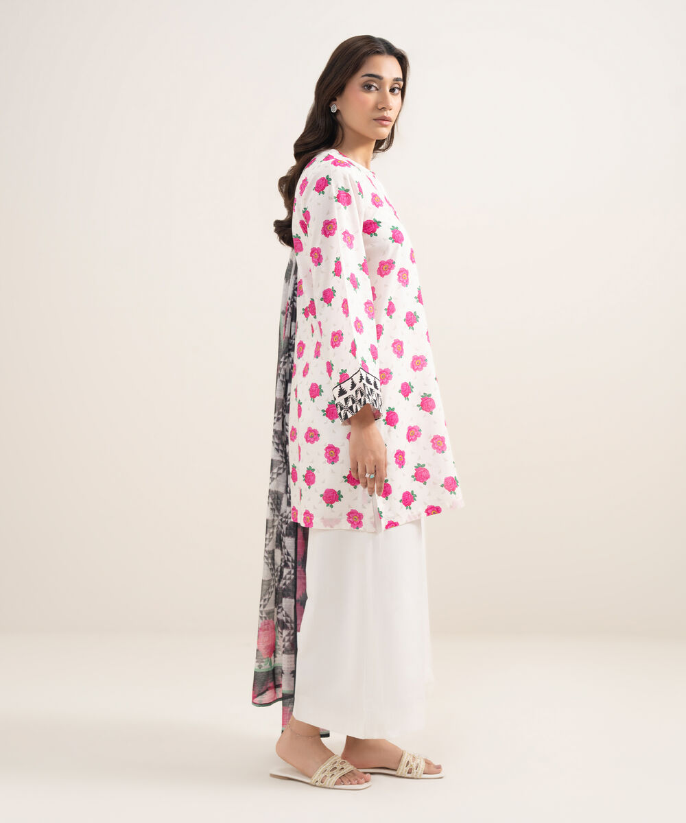 Women's RTW Slub Lawn Printed White 2 Piece Suit