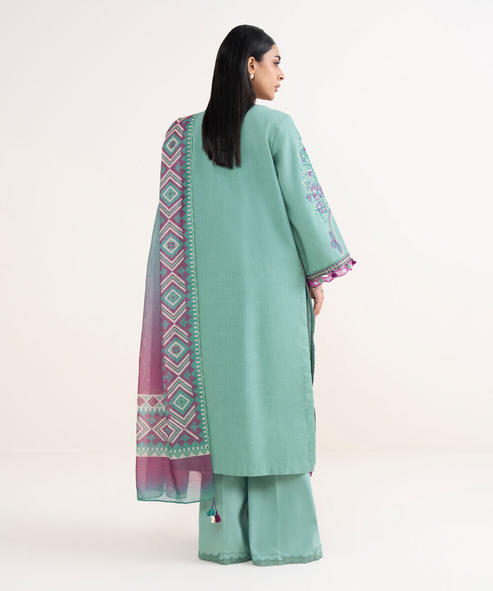 Women's Unstitched Dobby Embroidered Green 3 Piece Suit