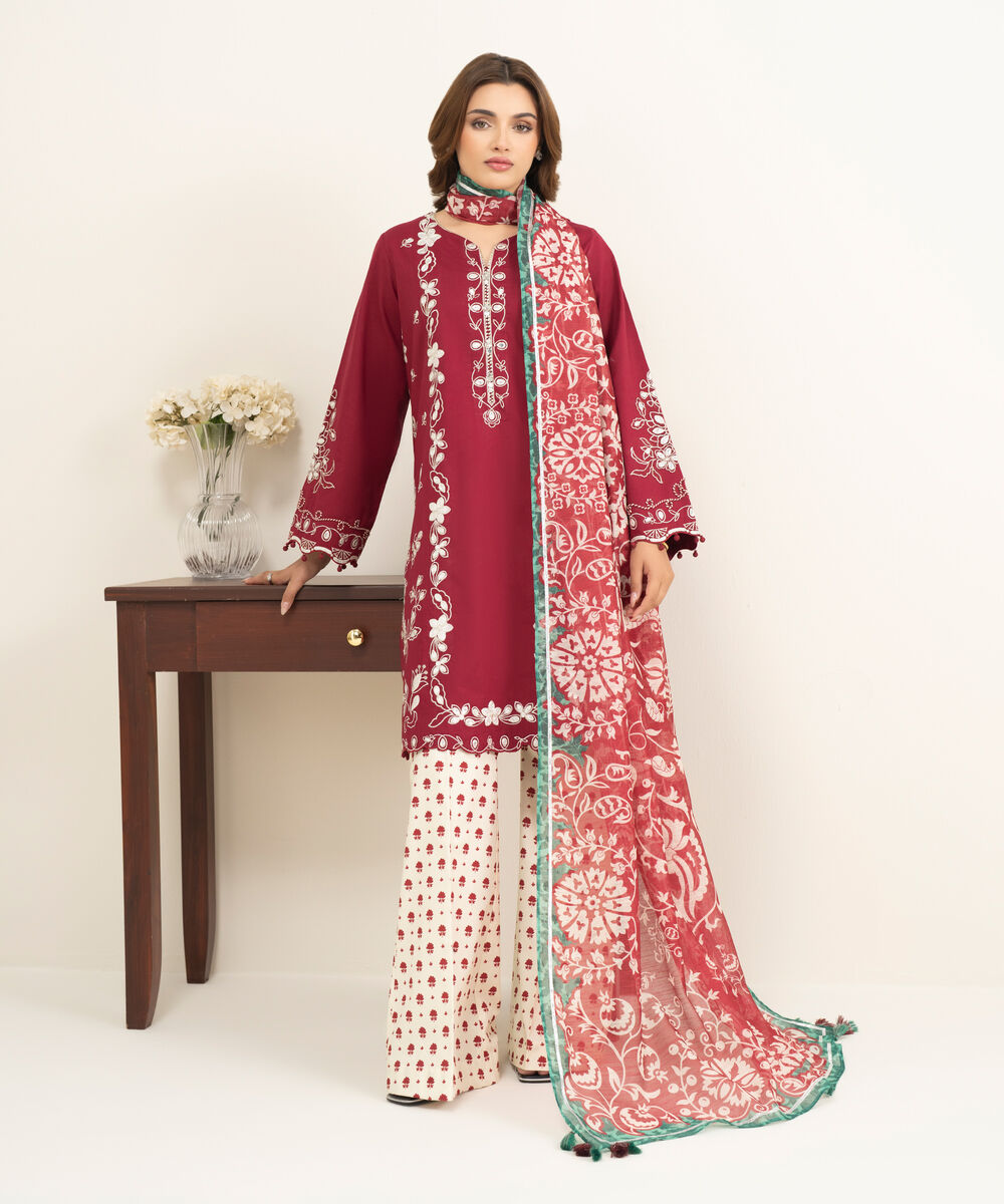 Women's Unstitched Lawn Red Embroidered 3 Piece Suit