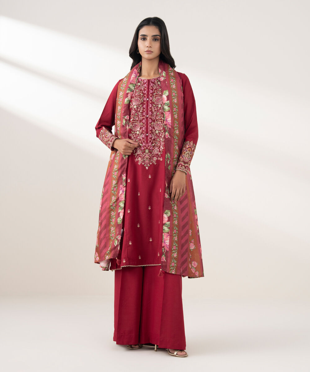 Women's RTW Cotton Viscose Embroidered Red 3 Piece Suit