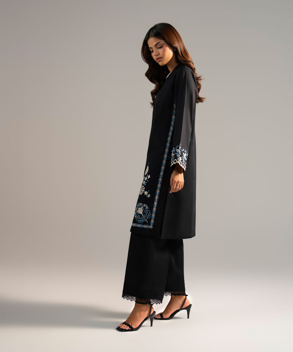 Women's RTW Crosshatch Embroidered Black Straight Shirt