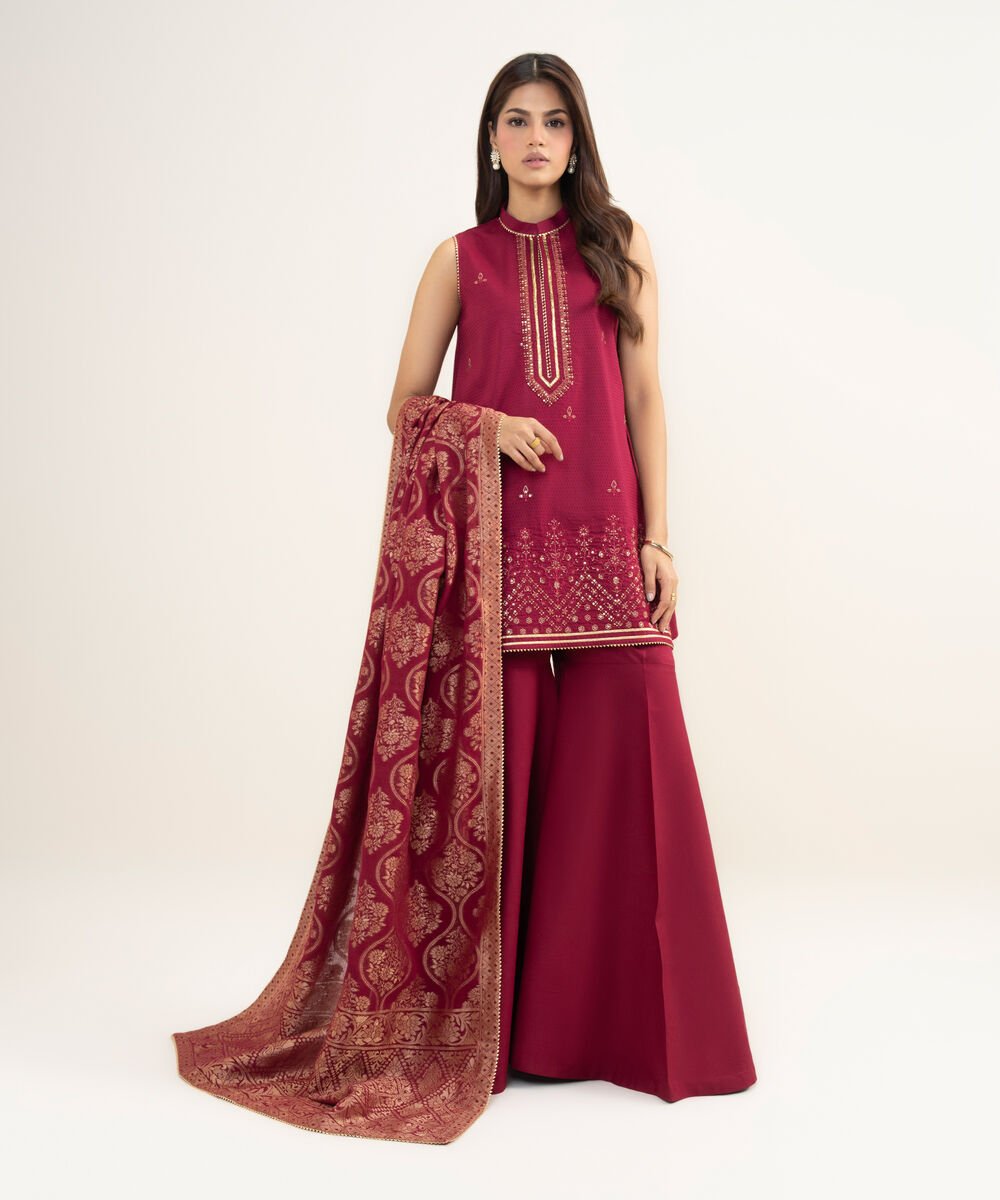 Women's Unstitched Dobby Embroidered Red 3 Piece Suit