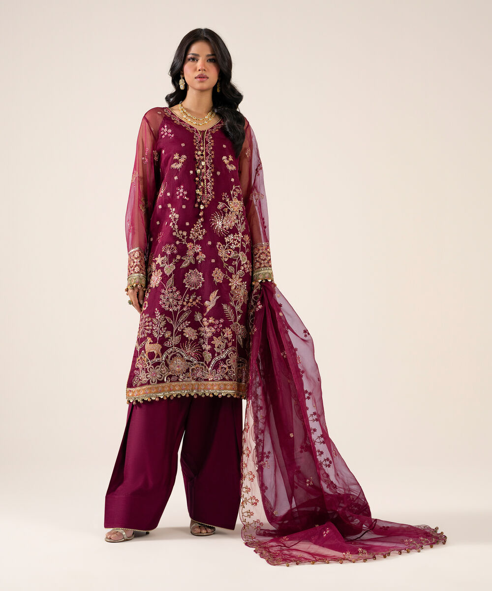 Women's Unstitched Organza Embroidered Pink 3 Piece Suit