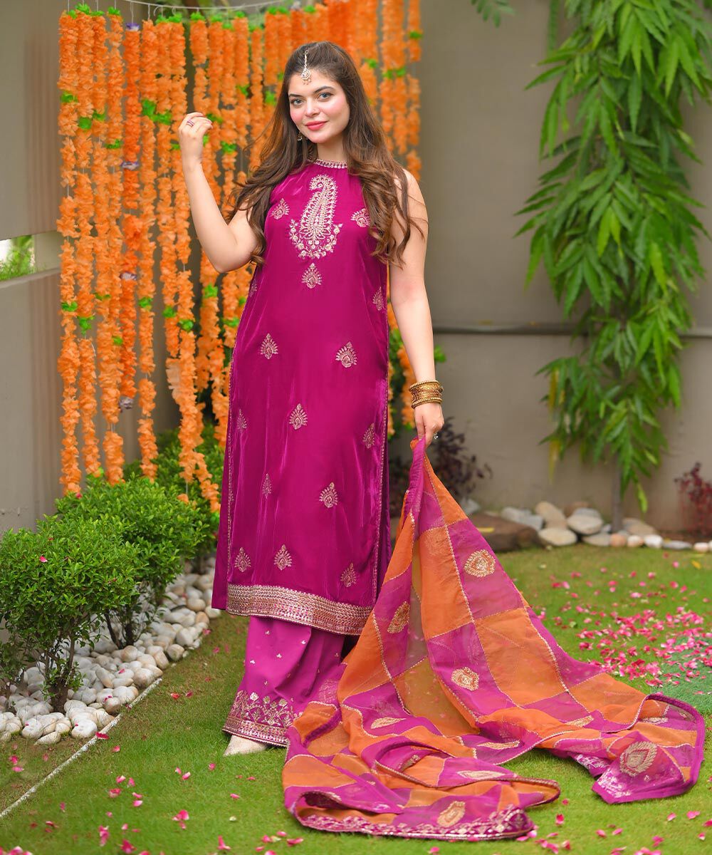 3 Piece - Embroidered Velvet Suit