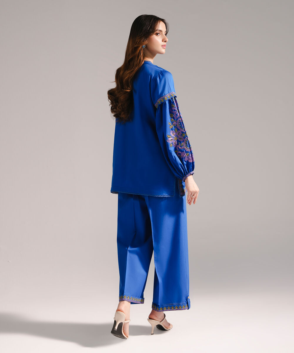 Women's RTW Cotton Satin Embroidered Straight Dark Blue Shirt