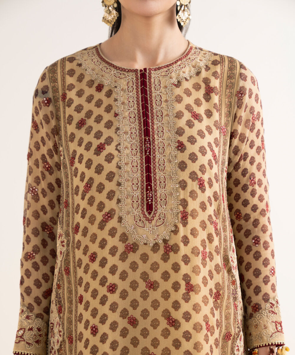 Women's Unstitched Embroidered Blended Chiffon Beige 3 Piece Suit