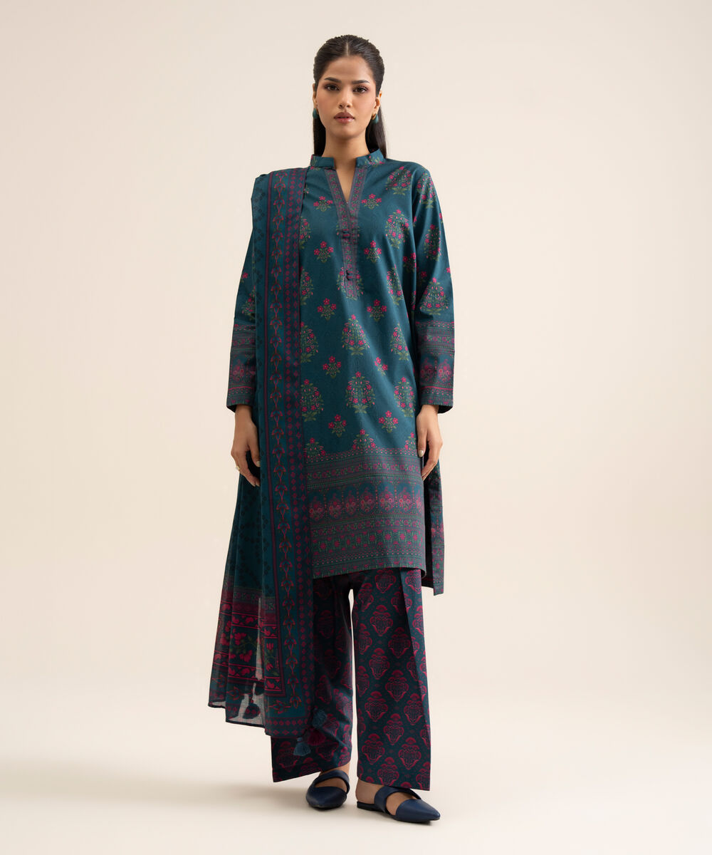 Women's Unstitched Cotton Printed Blue 3 Piece Suit