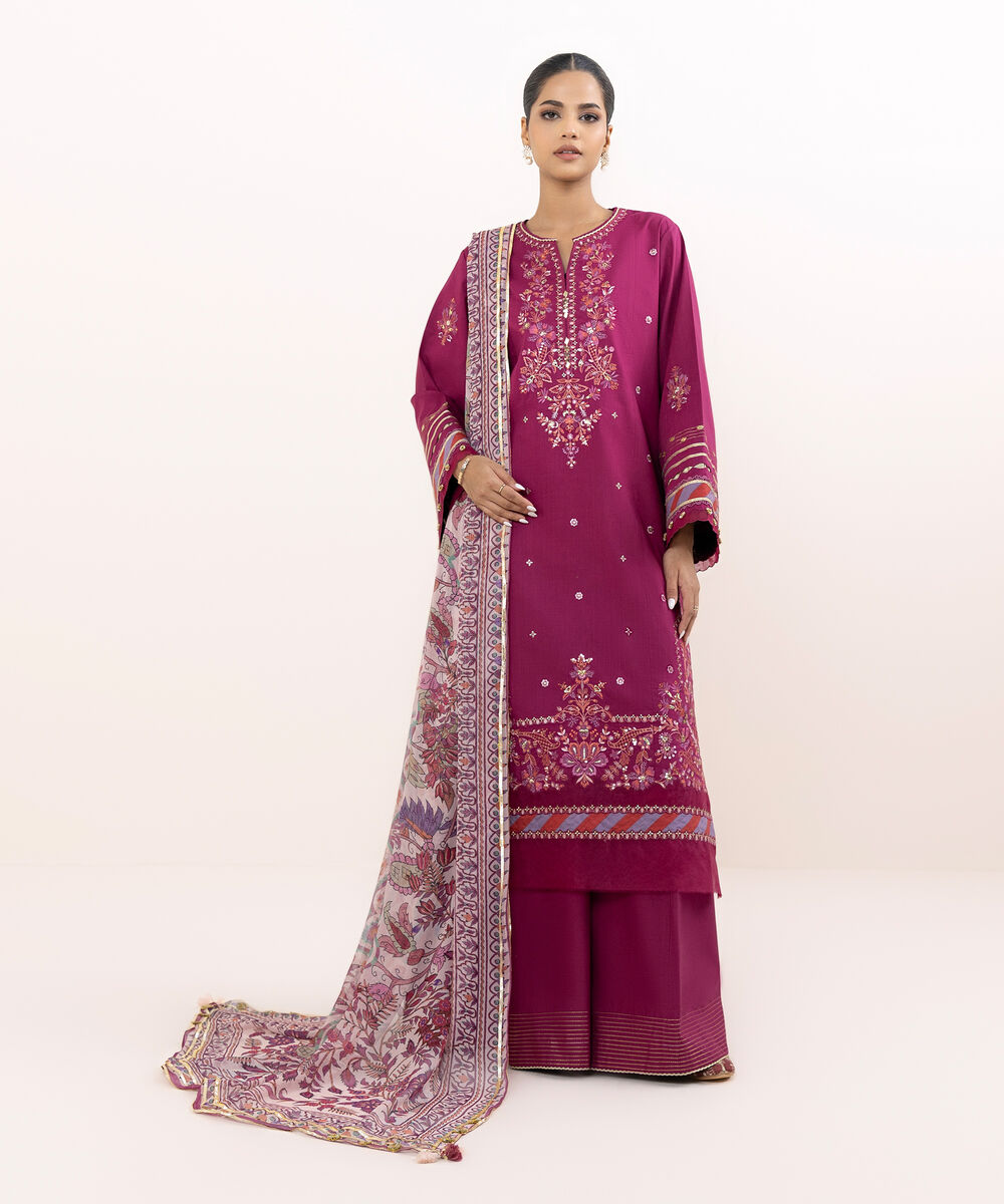 Women's Unstitched Raw Silk  Embroidered Magenta  3 Piece Suit