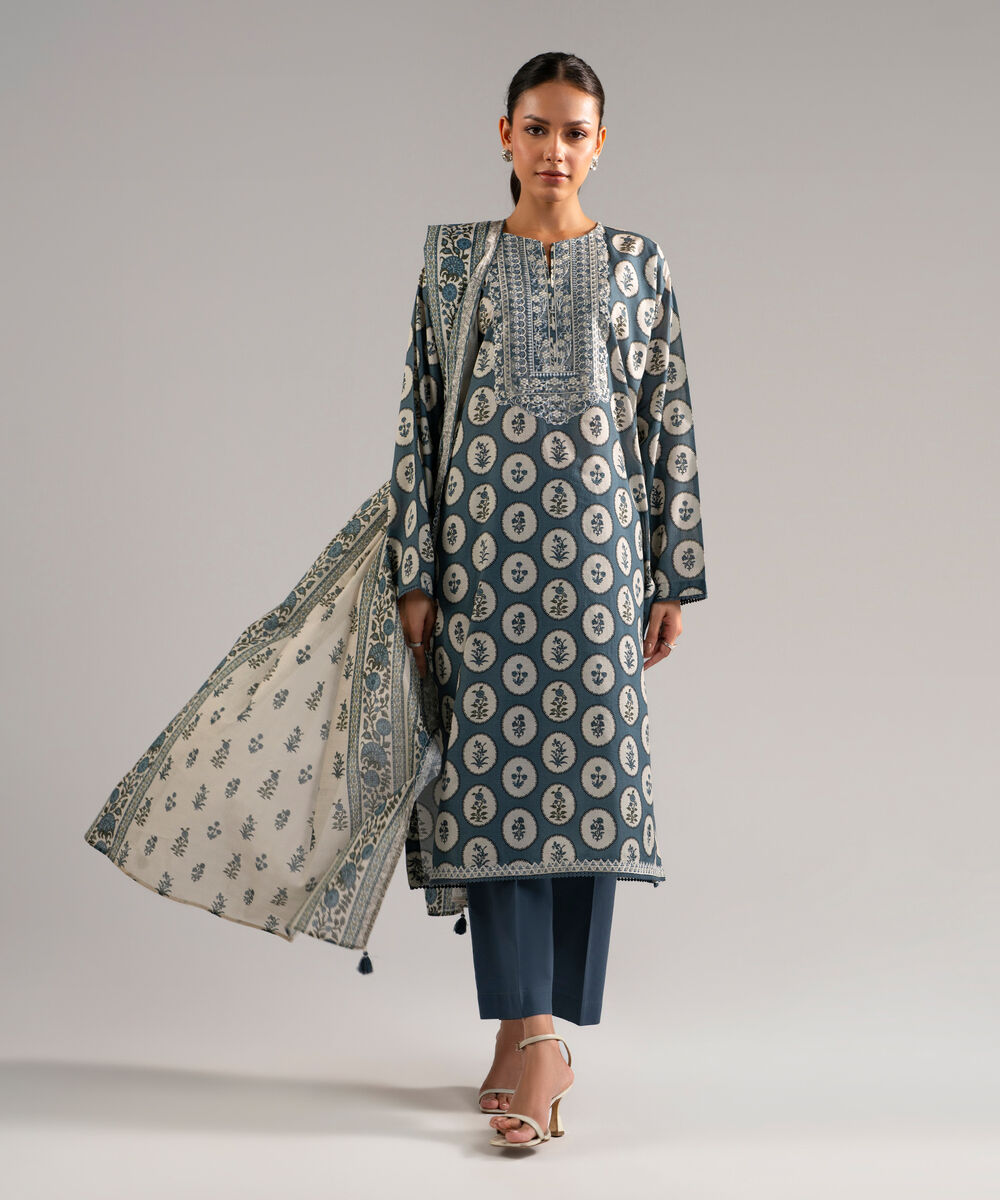 Women's RTW Slub Lawn Embroidered Blue 3 Piece Suit