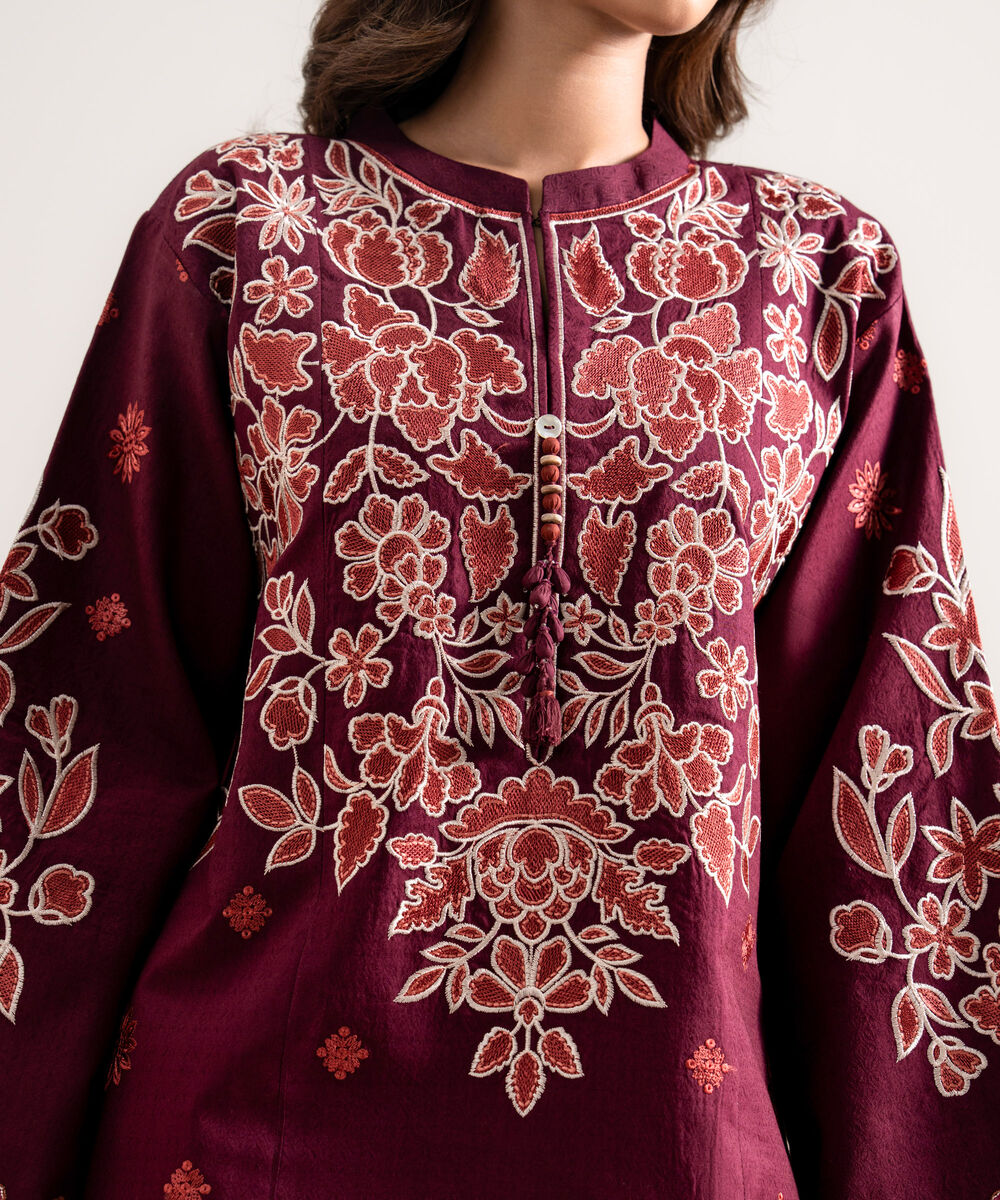 Women's Unstitched Embroidered Dobby Plum 3 Piece Suit