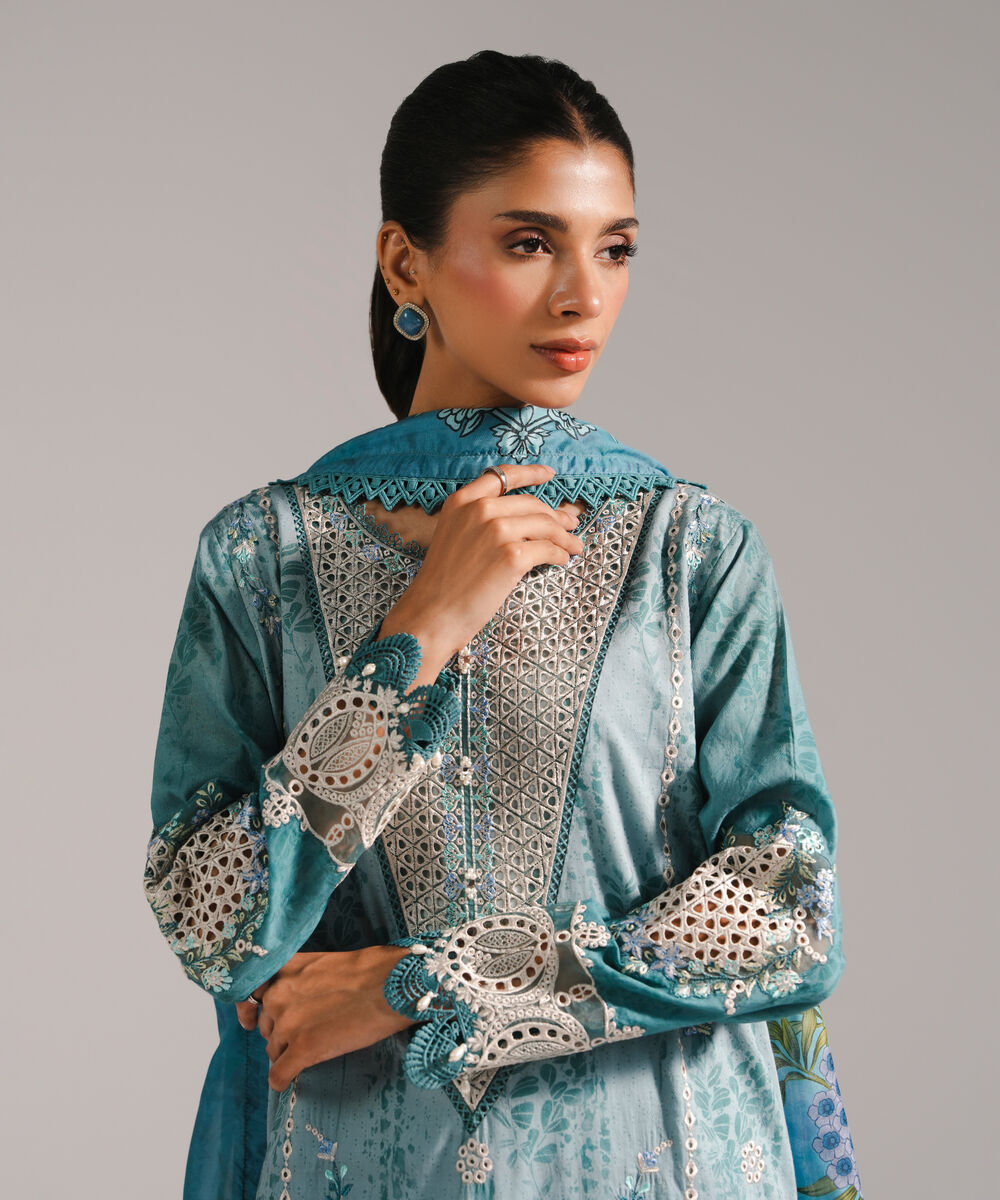Women's RTW Self Jacquard Embroidered Blue 3 Piece Suit