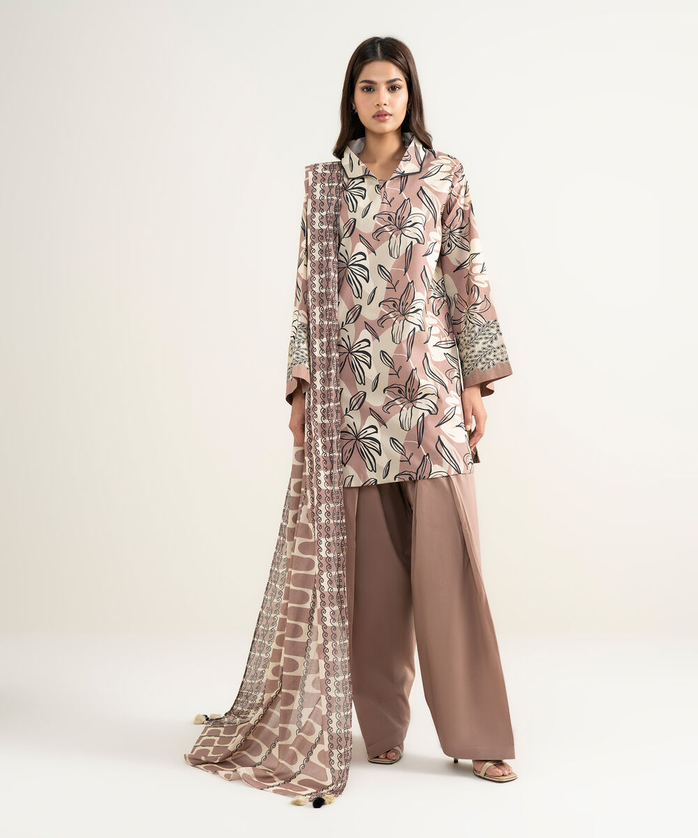 Women's Unstitched Lawn Printed Pink 3 Piece Suit