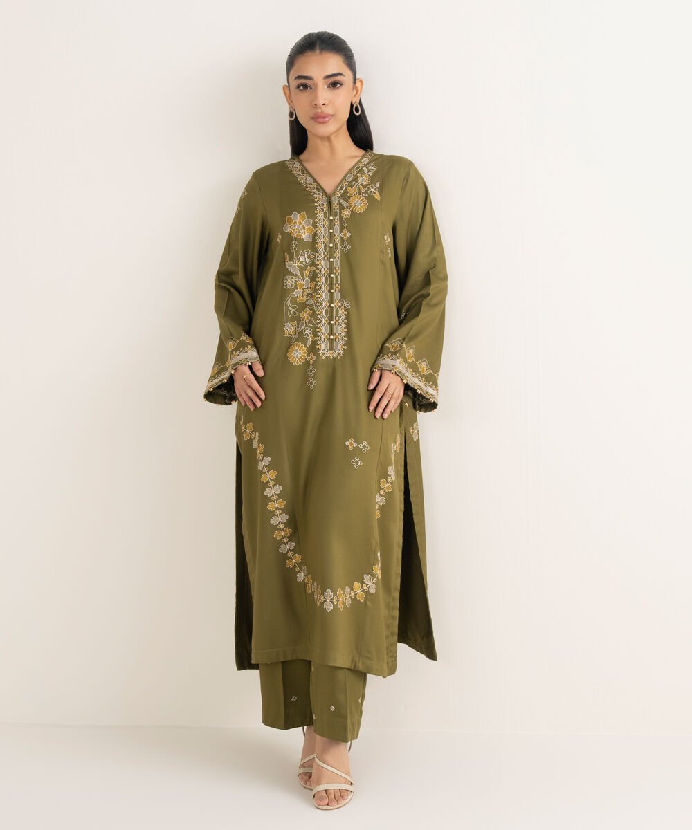 Women's RTW Viscose Marina Embroidered Green A-Line Shirt