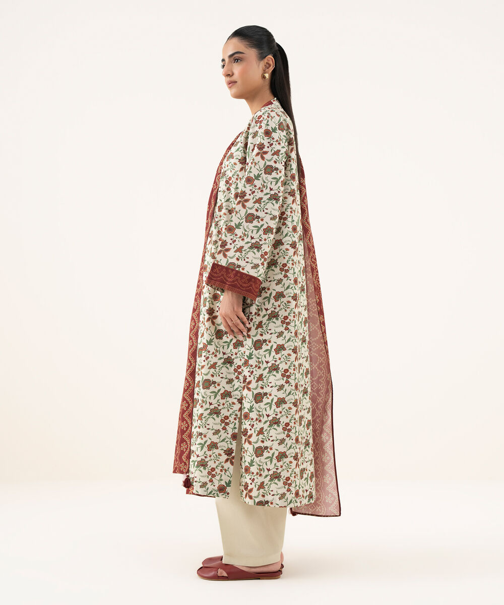 Women's Unstitched Cotton Printed Off White Three Piece Suit