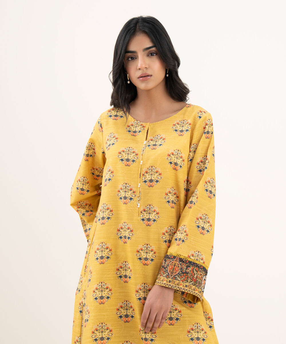 Women's RTW Khaddar Printed Straight Yellow Shirt