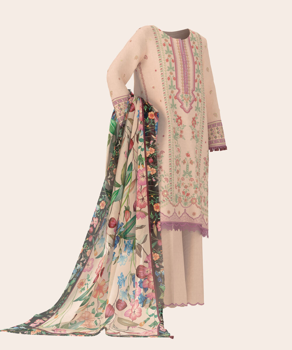 Women's Unstitched Self Jacquard Soft Peach  Embroidered 3 Piece Suit