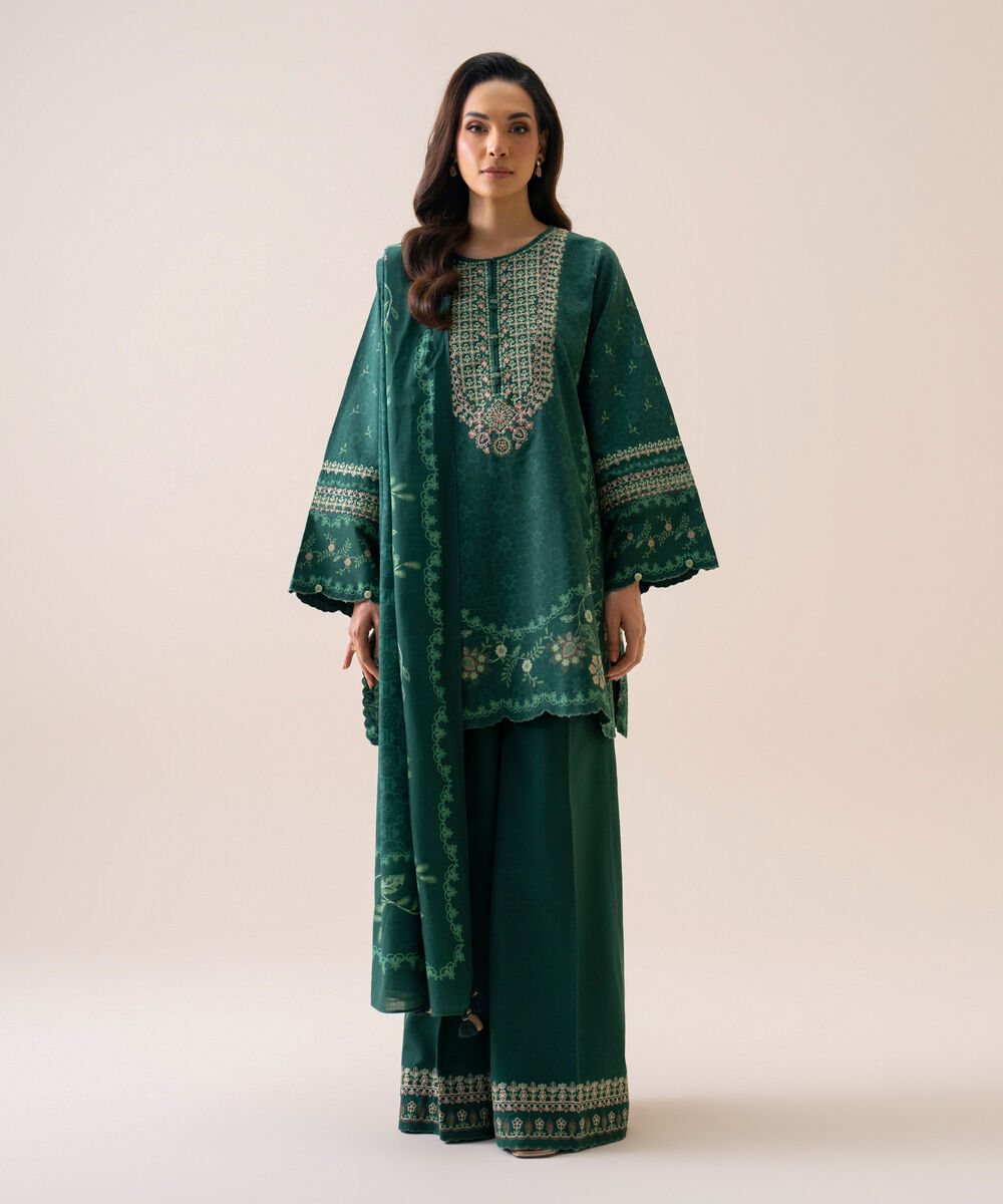 Women's Unstitched Light Khaddar Embroidered Green 3 Piece Suit