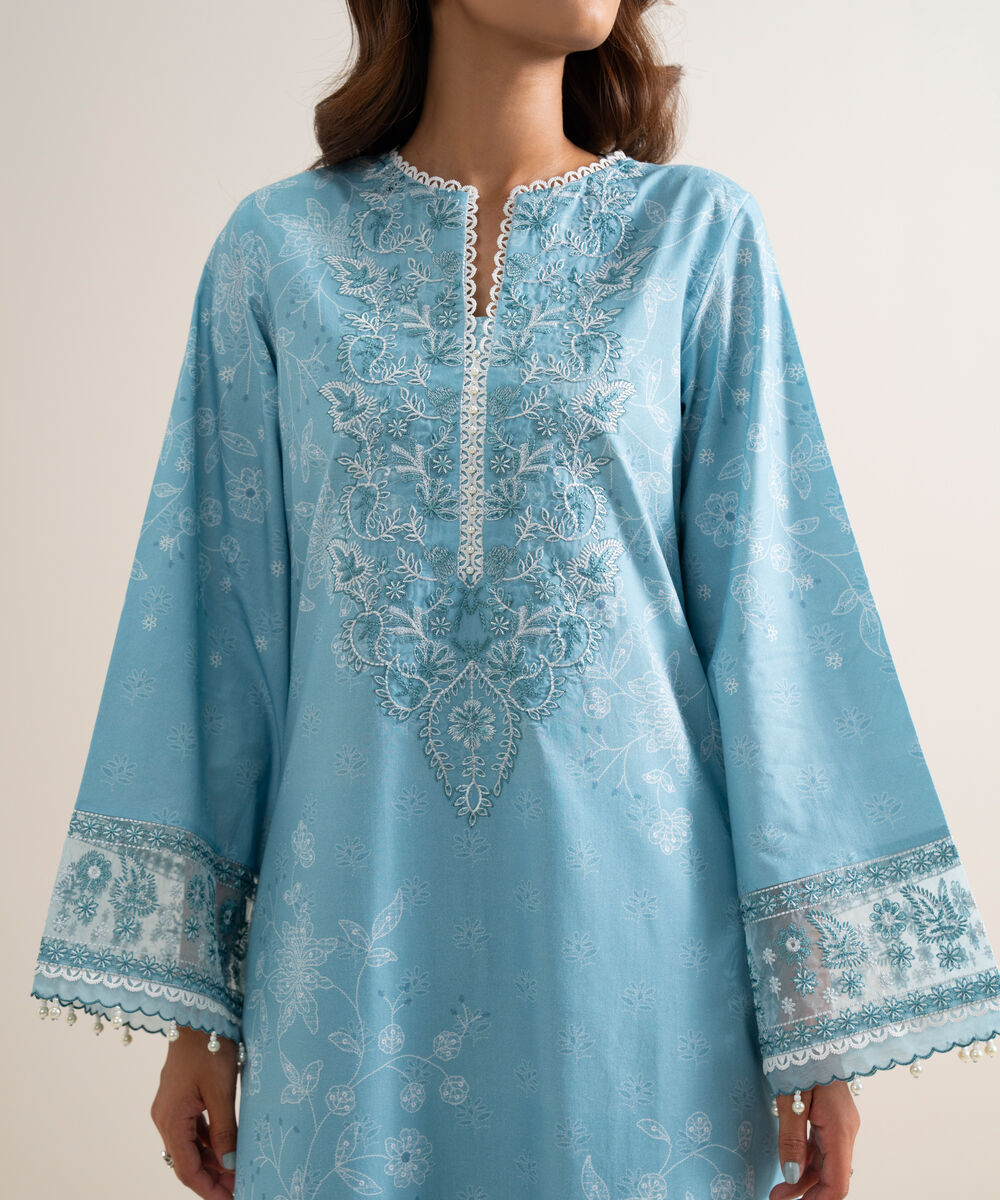 Women's Unstitched Lawn Embroidered Blue 3 Piece Suit