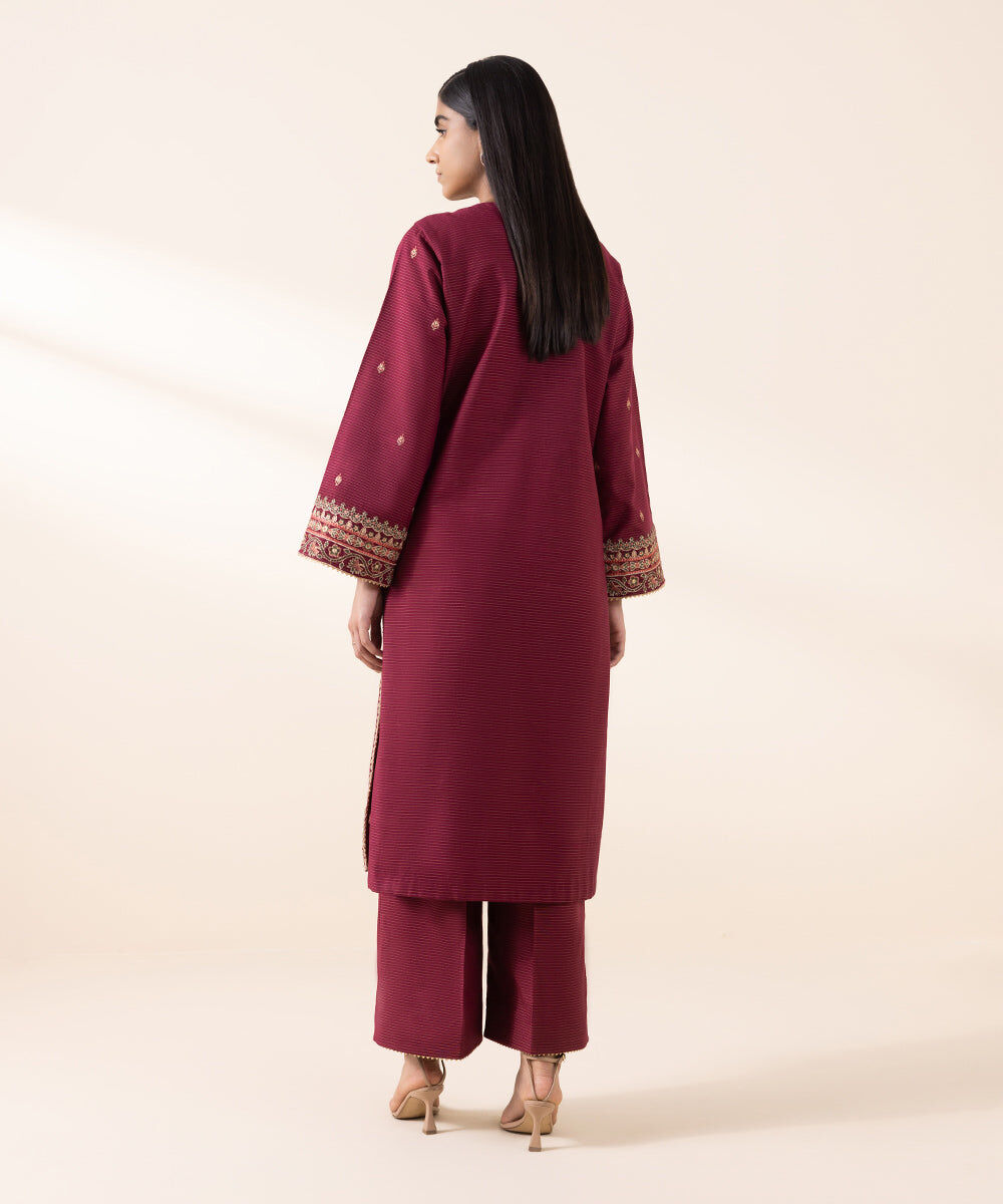 Women's Unstitched Zari Khaddar Red Embroidered 2 Piece Suit