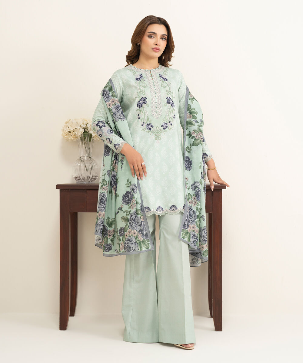 Women's Unstitched Lawn Blue Embroidered 3 Piece Suit