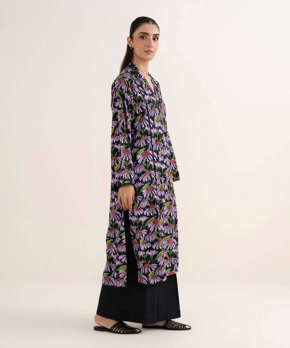 Women's RTW Herringbone Printed Black A-Line Shirt