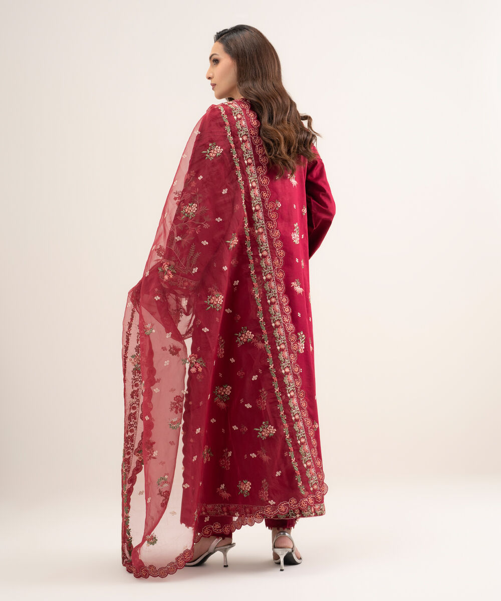 Women's Unstitched Fine Cotton Satin Embroidered Red  3 Piece Suit